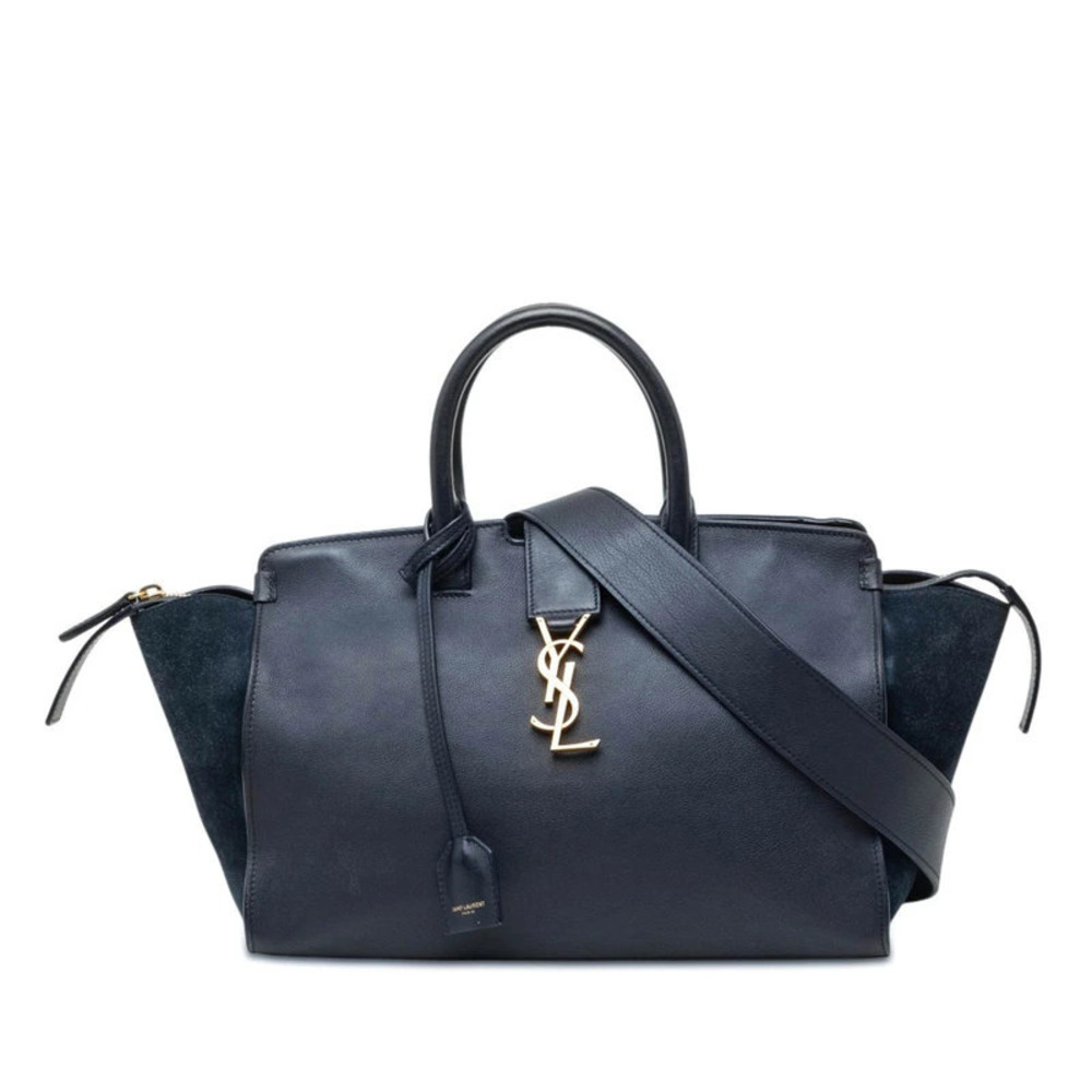 Saint Laurent YSL Downtown Cabas 2way Shoulder Bag Navy Blue Leather Suede